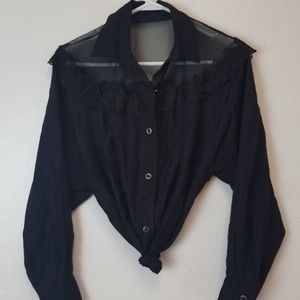 Vintage Button Down Blouse Black Lace Upper M